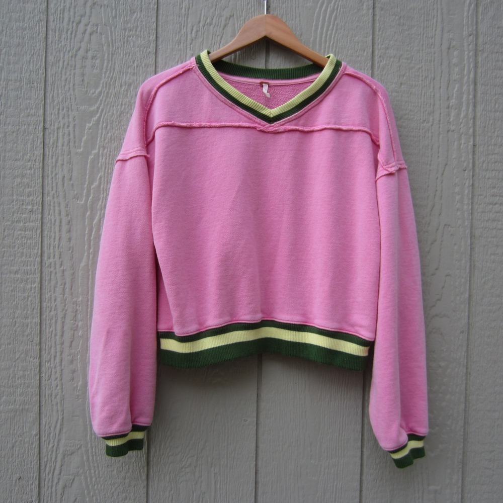 Free People Rio Sweatshirt womens Large Pinky Promise V-Neck Pullover Cozy RETRO